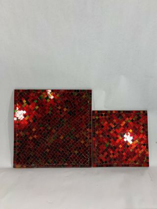 Set Of Red Green Metallic Glass Square Mosaic Tiles Plates Trivets Kitchen Decor