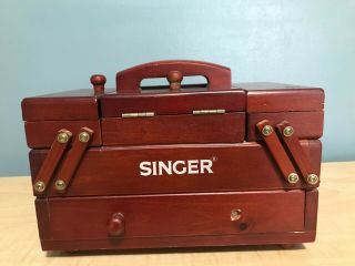 Wooden Singer Sewing Box Kit Accordion Fold Out Storage Drawers Vtg