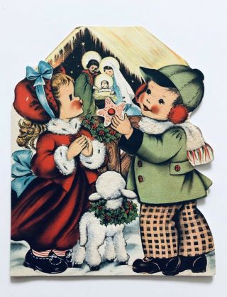 Large Vintage Norcross Die Cut Christmas Card Boy Girl Child Dress Nativity Lamb