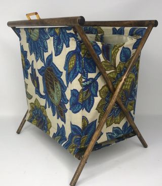 Vtg Knitting Sewing Crochet Stand Up Cloth Bag Folding Basket Wood Frame