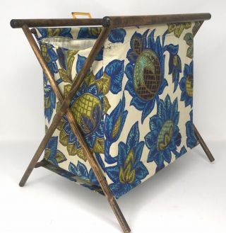Vtg Knitting Sewing Crochet Stand Up Cloth Bag Folding Basket Wood Frame 2
