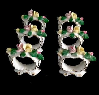 Set Of 6 Vtg Floral Molded Rose & Hand Painted Porcelain Napkin Rings - Gold Trim