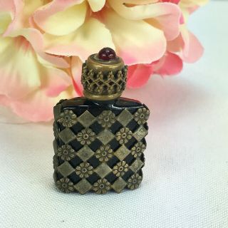 Vintage Jeweled French Mini Silver Black Glass Perfume Bottle Red Stone France