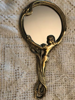 Brass Vintage Art Nouveau Dresser Vanity Hand Mirror Female Nude