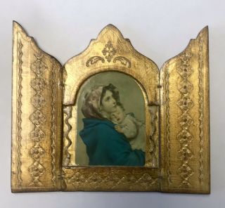 Vintage Italian Tri Fold Wood Florentine Frame Religious Print Mary With Child
