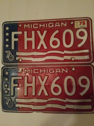1976 And 1978 Michigan License Plates Matching Pair Red White And Blue
