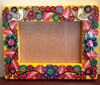 Mexican Hand Made/painted Wood Picture Frame Folk Art Doves Flowers 4x6