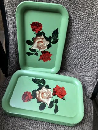 Set Of 8 Vintage Green Tin Metal Red White Rose Flower Rectangular Serving Tray