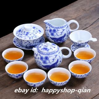 Chinese Ceramics Blue White Porcelain Tea Set Handmade Gongfu Teapot Cups 