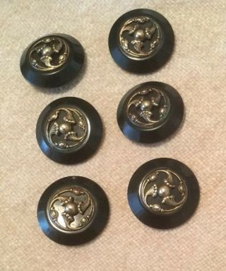 Vintage - 6 Large Bakelite Buttons W Metal Embellishment