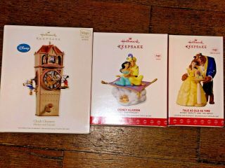 3 Hallmark Disney Ornaments - Clock Cleaners / Aladdin / Beauty & The Beast