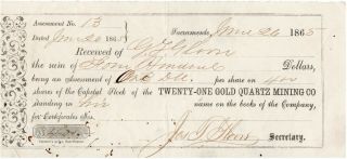 Rare 1865 Twenty - One Gold Quartz Mining Co Stock Certificate Assessment Receipt