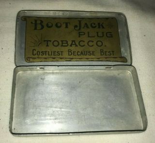 ANTIQUE BOOT JACK PLUG TOBACCO FLAT POCKET ENGRAVED ALUMINUM TIN CAN CHEWING OLD 2