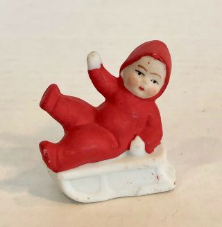 Charming Antique German Bisque Small Child On Sled Snowbaby