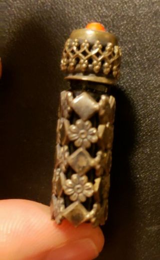 Vintage Made in France micro mini perfume bottle ornate silver 3