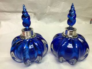 Set Of 2 Sterling B & F Heavy Cobalt Blue Monogram Perfume Bottles