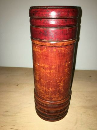 Antique Red Stained Wood Treen Ware Cylinder Container Or Scroll Holder Marked