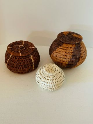 Set Of Three Small Hand Woven Closed Baskets From Botswana,  Africa