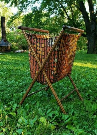Vintage Antique Yarn Knitting Basket Bag Folding Sewing Caddy Brown Yellow Orang