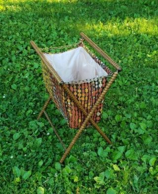 Vintage Antique Yarn Knitting Basket Bag Folding Sewing Caddy Brown Yellow Orang 2
