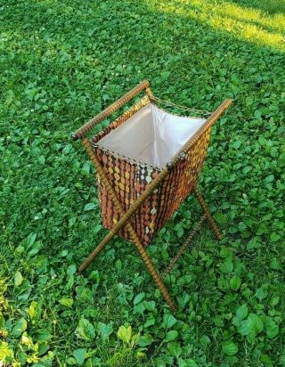 Vintage Antique Yarn Knitting Basket Bag Folding Sewing Caddy Brown Yellow Orang 3