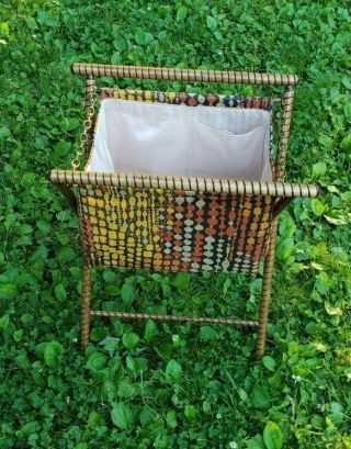 Vintage Antique Yarn Knitting Basket Bag Folding Sewing Caddy Brown Yellow Orang 5