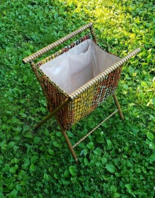Vintage Antique Yarn Knitting Basket Bag Folding Sewing Caddy Brown Yellow Orang 6