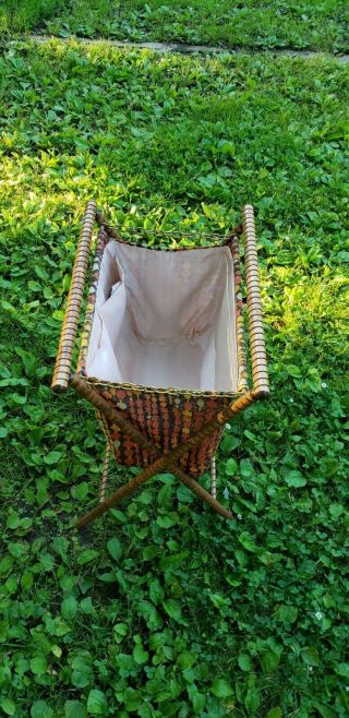 Vintage Antique Yarn Knitting Basket Bag Folding Sewing Caddy Brown Yellow Orang 7