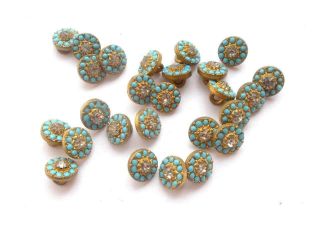 26 Antique Victorian Turquoise Blue Enameled Glass Crystal Gold Tone Buttons