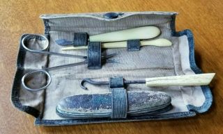 Vintage Antique French Ivory Celluloid Manicure Set With Travel Case
