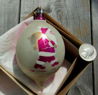 Vintage Poland Glass Pink Santa Claus Christmas Fat Teardrop Ornament W Toy Bag
