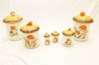 1976 Vintage Sears Roebuck And Co Merry Mushroom Ceramic 6 Piece Canister Set