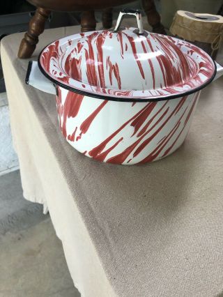 Antique Red & White Swirl Graniteware Enamel Cook Pot W/lid Rare Color & Form