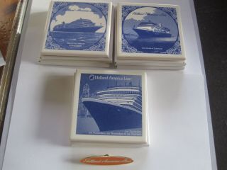 Holland America Line - Blue Tile Coasters W/coa (6) And Hat Pin