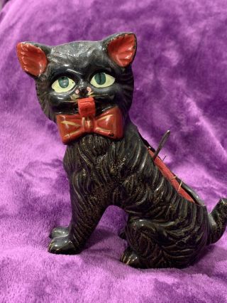 Vintage Redware Black And Gold Cat Kitten Pin Cushion Measuring Tape Japan