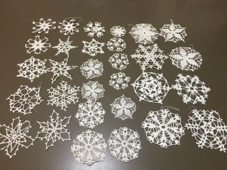 30 Hand Crocheted Snowflakes Christmas Ornaments 3 - 4.  5” Starched Glittered