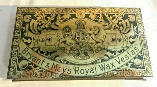 ANTIQUE BRYANT MAY ROYAL WAX VESTA PEACOCK MATCH TIN LITHO CAN VINTAGE TOBACCO 2
