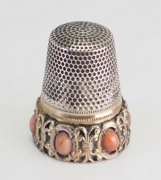 Antique Ornate 800 Silver And Coral Cabochons Thimble