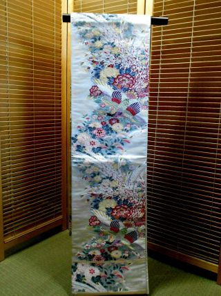 Japanese Kimono Silk Fukuro Obi,  Rokutu Silk,  L 168 ",  Phoenix Flowers,  Rare.  733