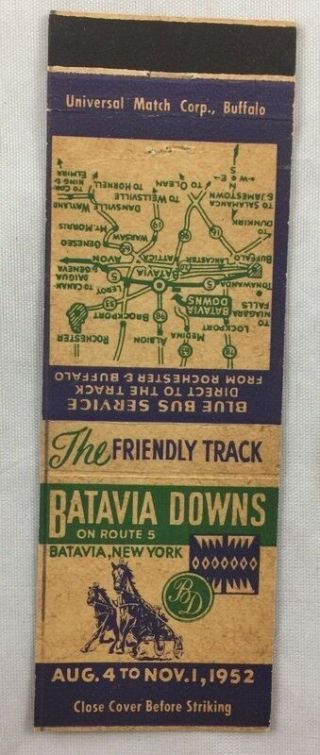 Vintage Matchbook 1952 Batavia Downs Horse Racing Track