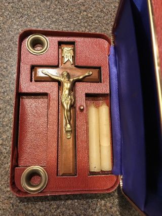 Vintage Catholic Sick Call Box Last Rites Candles Wooden Crucifix Cloth Instruct
