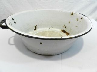 Vintage Enamel Steel Large Pot Handles Pan White With Black Rim 16 Inch Diameter