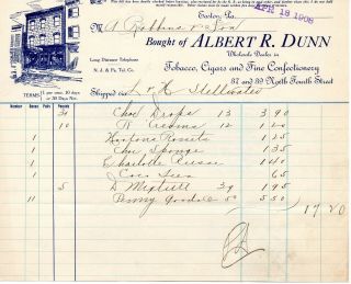 Apr 18,  1908 A.  R.  Dunn Tobacco Cigars And Fine Confectionery Paper Invoice