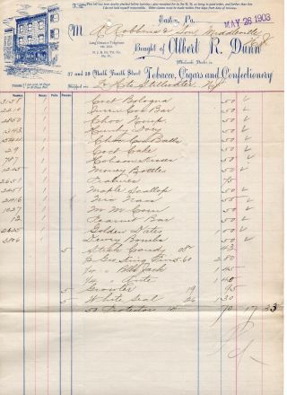 May 26,  1903 Albert R.  Dunn Tobacco Cigars And Confectionary Paper Invoice