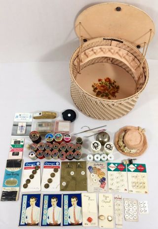 Vtg Harvey Wicker Sewing Basket Box Wood Lid 11 " Pink Floral,  Inside Vtg Items
