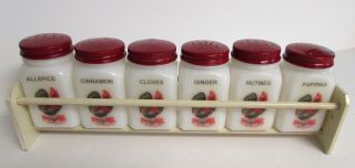 6 Vintage Rooster Shaker Spice Jars Red Metal Lids Wood Rack