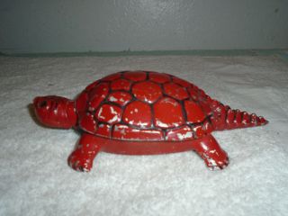 Vintage Cast Metal Aluminum Covered Red Turtle Ashtray