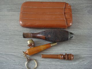 Vintage Smoking Collectables - Cigar Pouch,  2 Cheroots & Cigar Sparkless Lighter