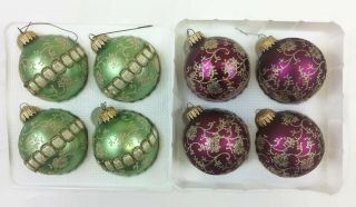 Christmas By Krebs Vintage Green Purple Glitter Stencil Glass 8 Ornaments Boxes
