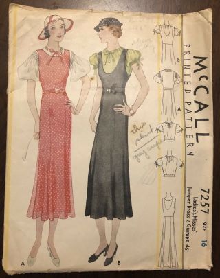 Mccall Printed Pattern 7257 1933 1930s Jumper Dress Guimpe Blouse Size 16 Vtg 30
